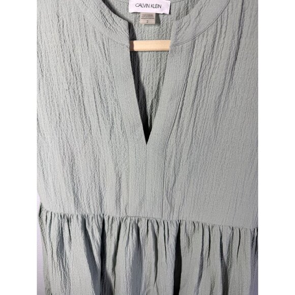 Calvin Klein Womens Textured Tiered Dress Size 2 Sage Green Split Neckline Tie - Picture 6 of 14
